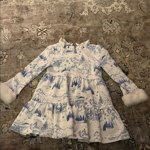 Janie and Jack Blue and White Long Sleeve Dress with Fur Cuffs - Frozen